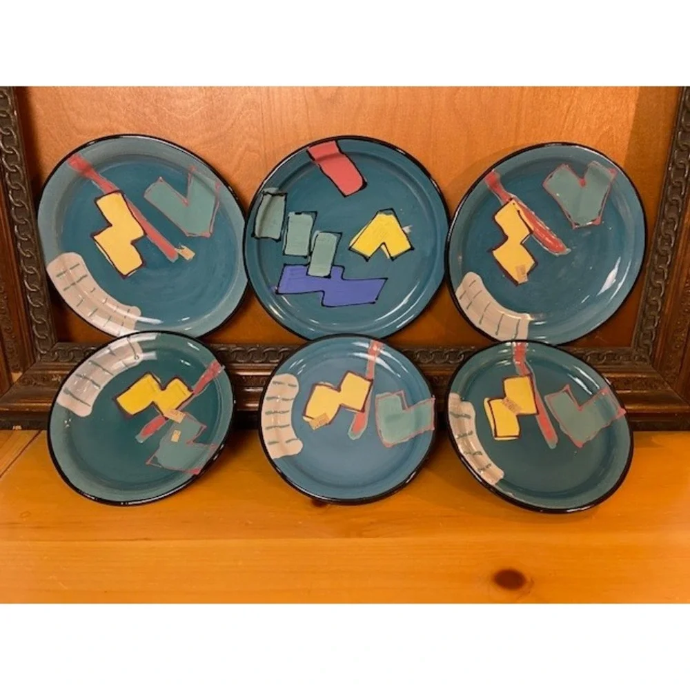 Helaine Melvin California Pottery Vintage Memphis Milano Style 1990 Plate Set 6